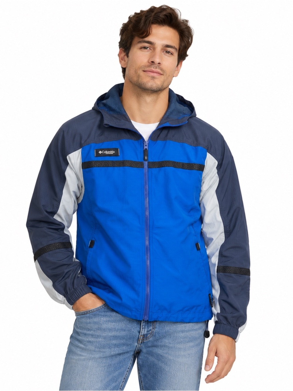 Columbia Men’s Colorblock Hooded Windbreaker Jacket Blue Gray Size L